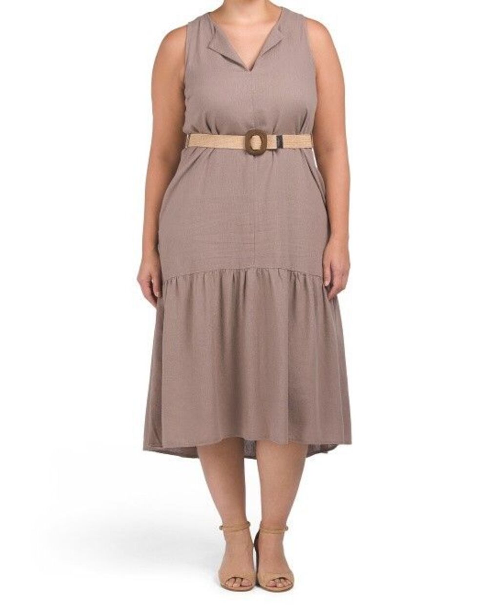 Adyson Parker women Brown Mocha Linen Blend Sleeveless Belted Midi Dress size XL